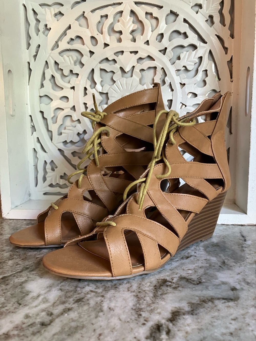Bonnibel Women's Tan Lace-Up Wedge Sandals Size 8